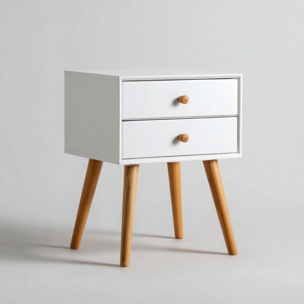 Table de chevet blanche avec deux tiroirs, pieds et poignées marron clair