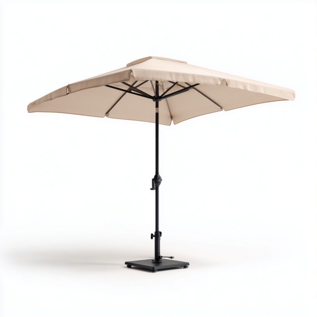 Parasol droit beige avec structure et base en métal noir
