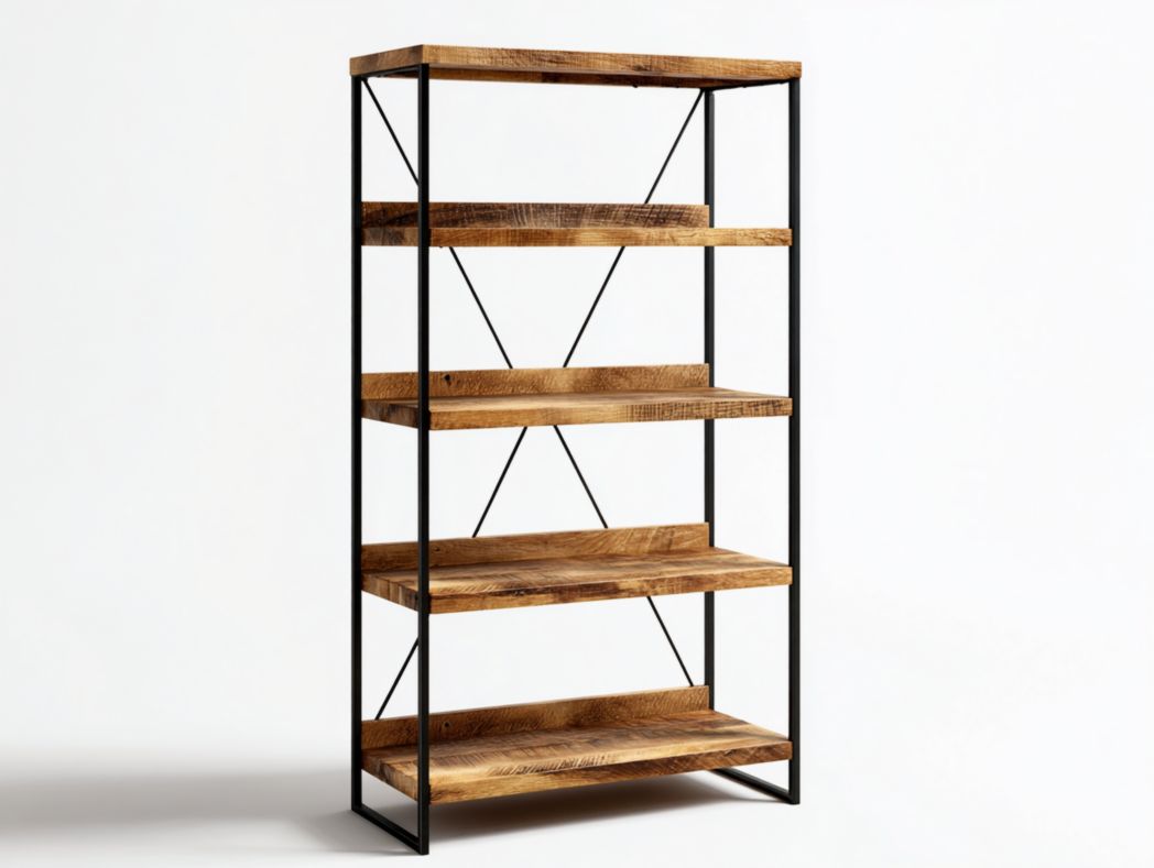 Étagère de rangement marron à quatre niveaux avec cadre en métal noir