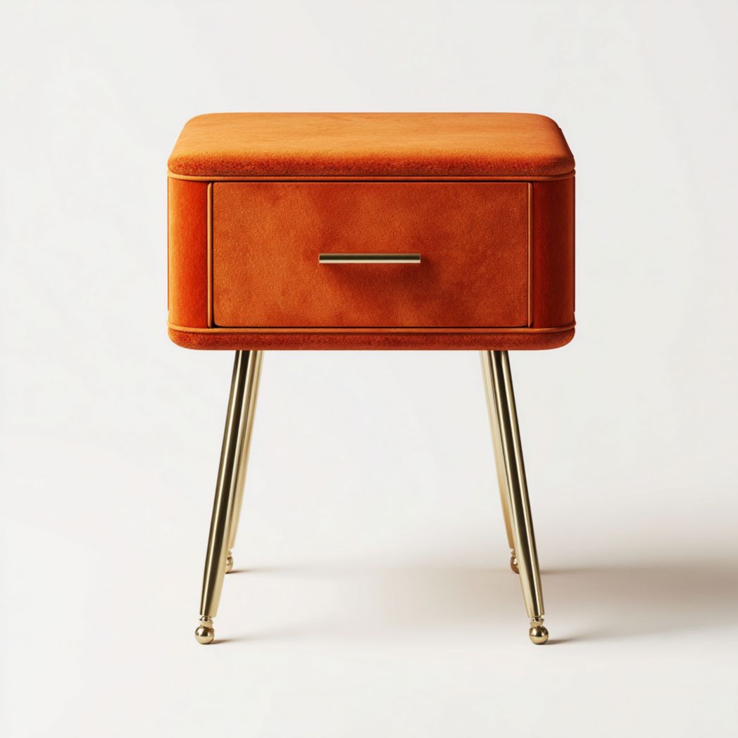 Table de chevet en velours orange avec pieds et poignées dorés