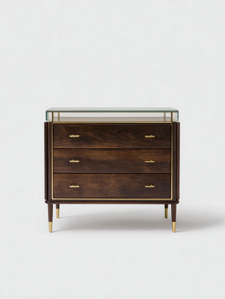 Commode à trois tiroirs en noyer avec plateau en verre