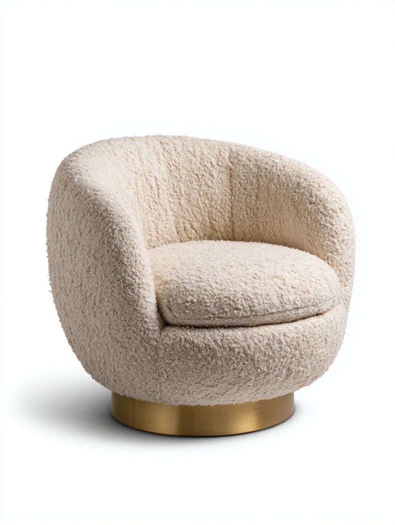 Fauteuil pivotant en tissu bouclé blanc cassé avec base dorée