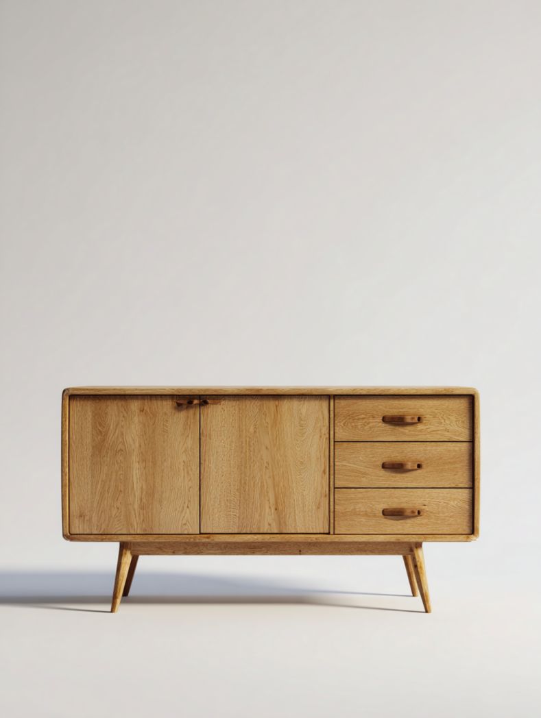 Buffet en bois massif marron clair, deux portes et trois tiroirs