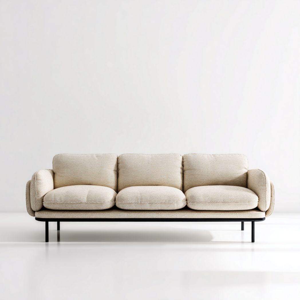 Canapé trois places en tissu beige avec pieds en métal noir