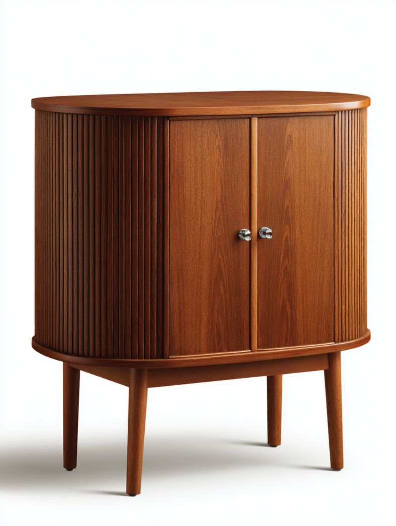 Buffet rond en bois massif marron foncé avec deux portes et poignées en métal argenté