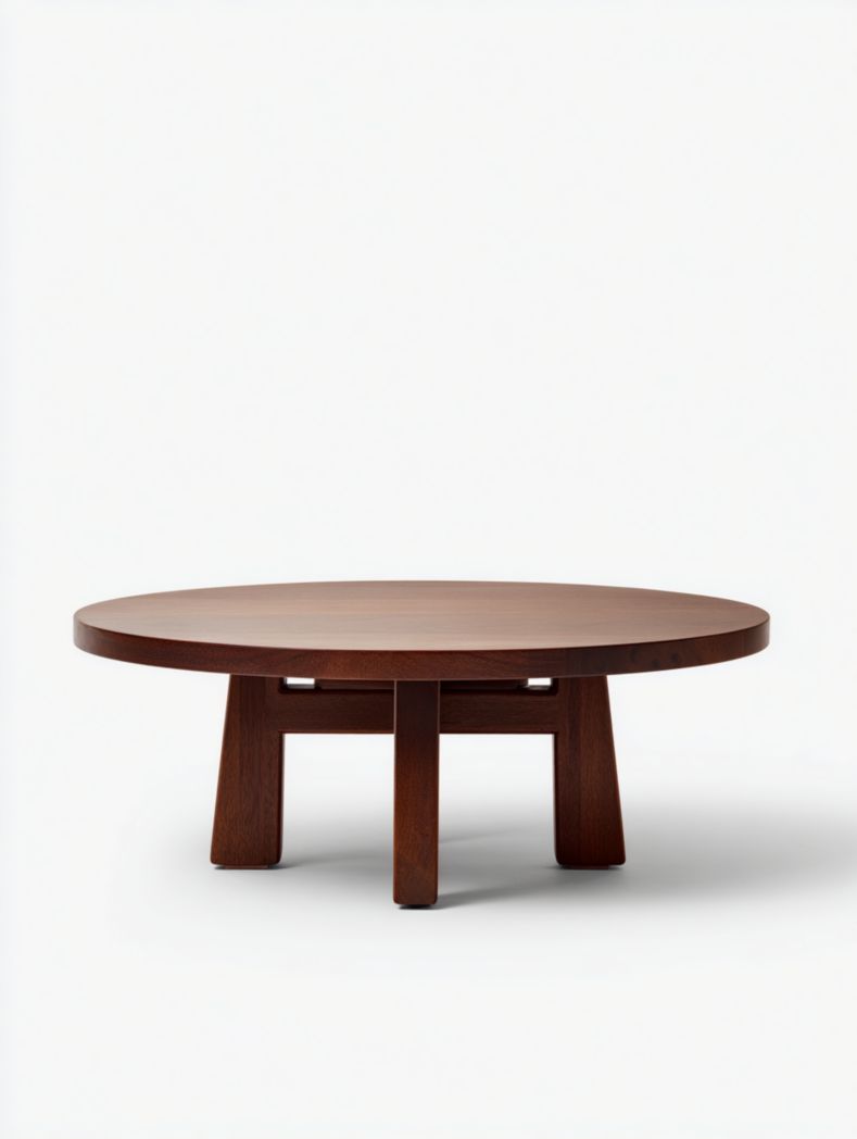 La table basse ronde est en bois massif et est de couleur marron foncé