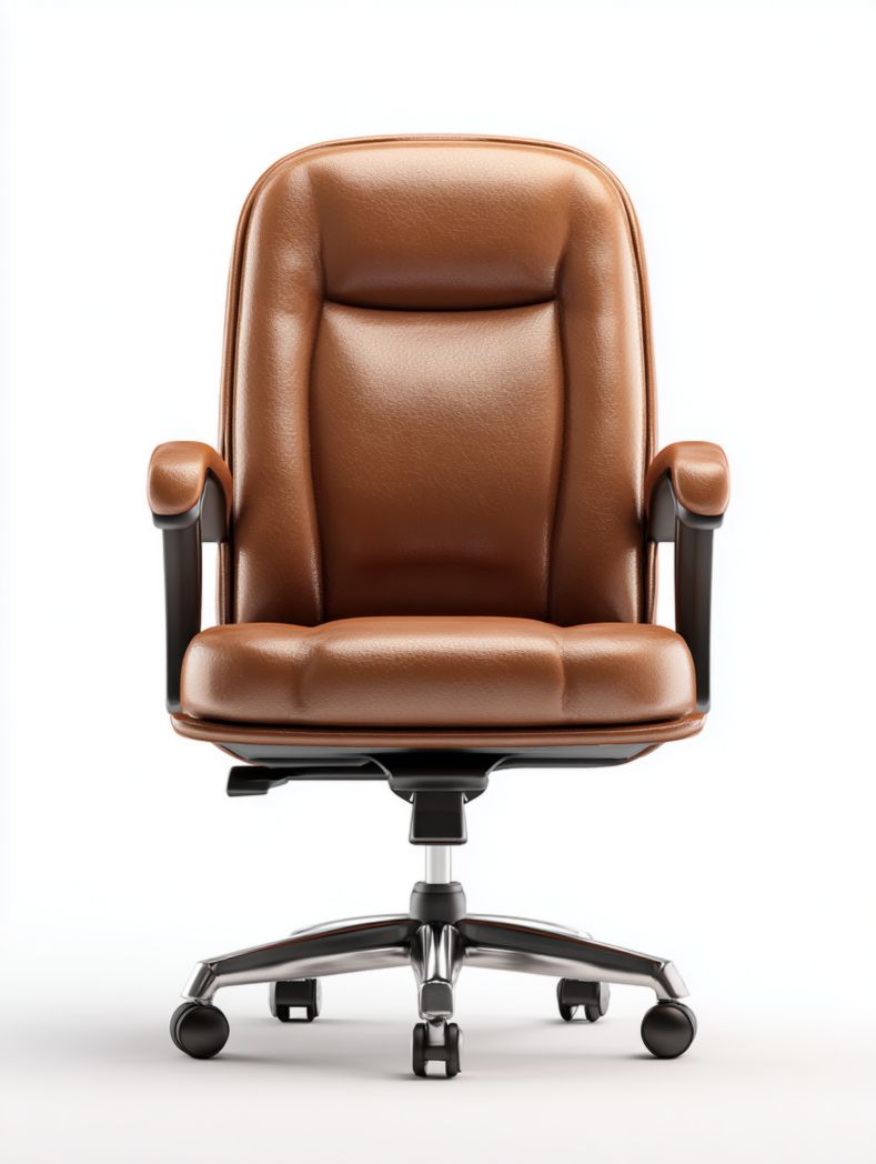 Chaise de bureau pivotante en similicuir avec base argentée et roulettes - Marron