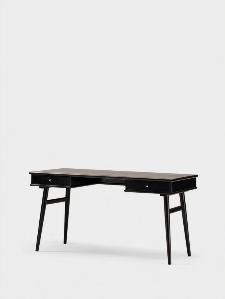 Bureau en bois massif noir avec deux tiroirs et poignées en métal