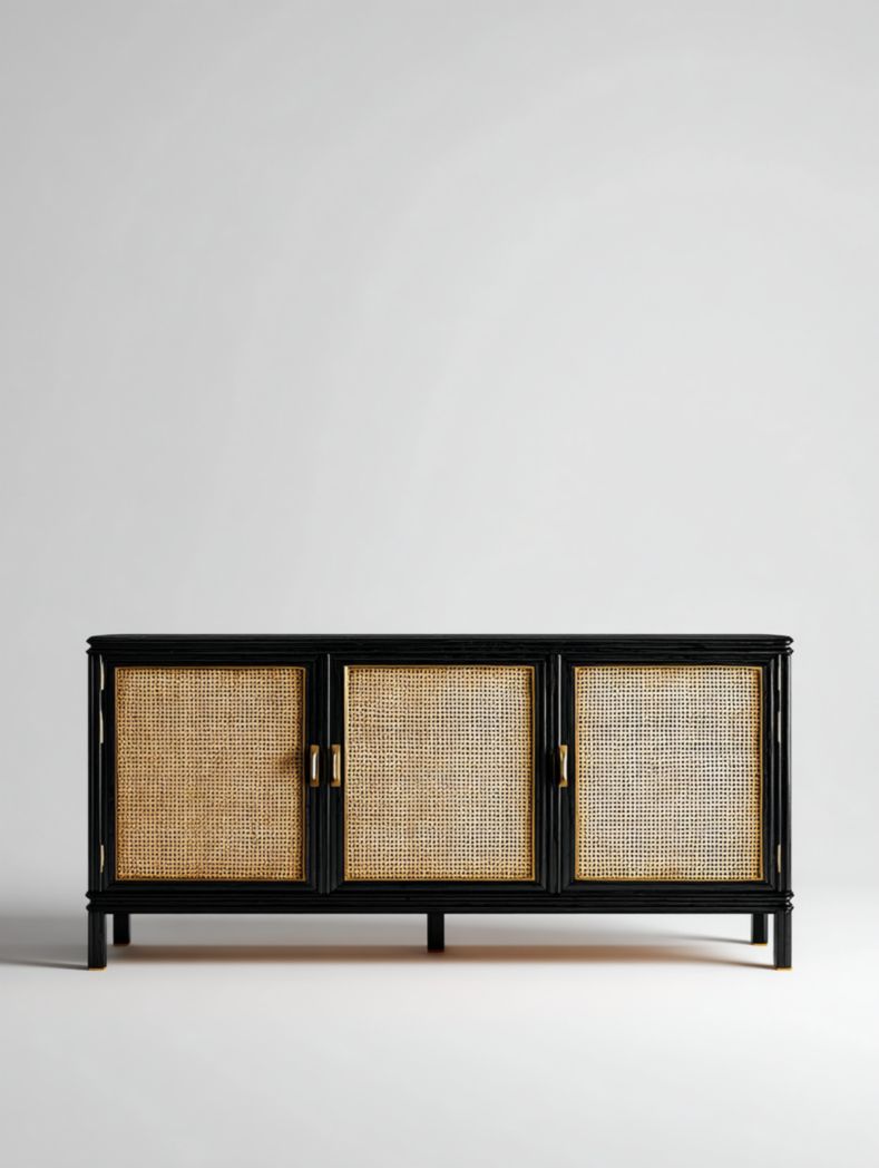 Buffet en bois noir avec portes en rotin tressé et poignées dorées