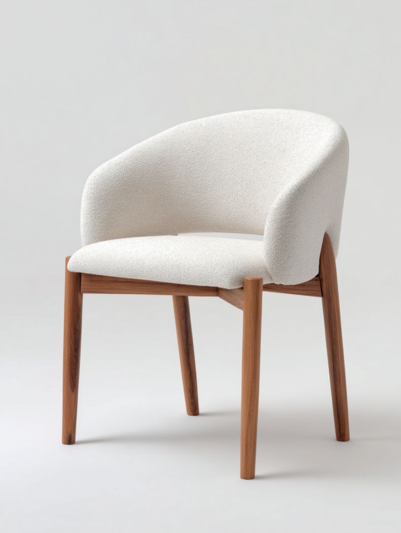 La chaise est dotée d'accoudoirs en tissu beige et de pieds en bois marron clair