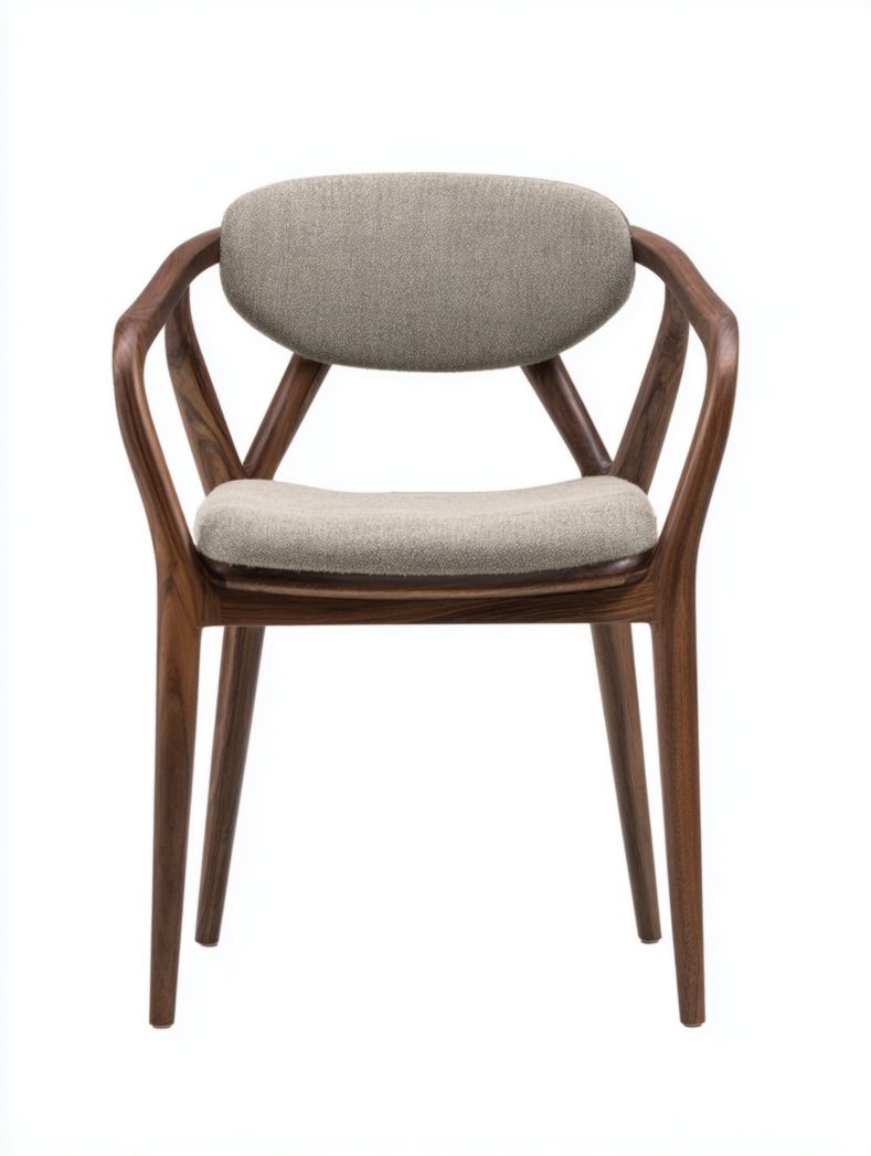 Chaise avec accoudoirs en tissu gris et structure marron