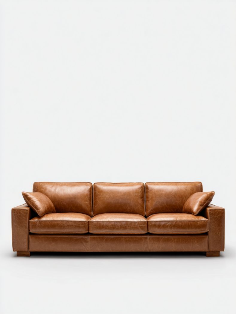 Canapé trois places en cuir marron avec coussins rectangulaires