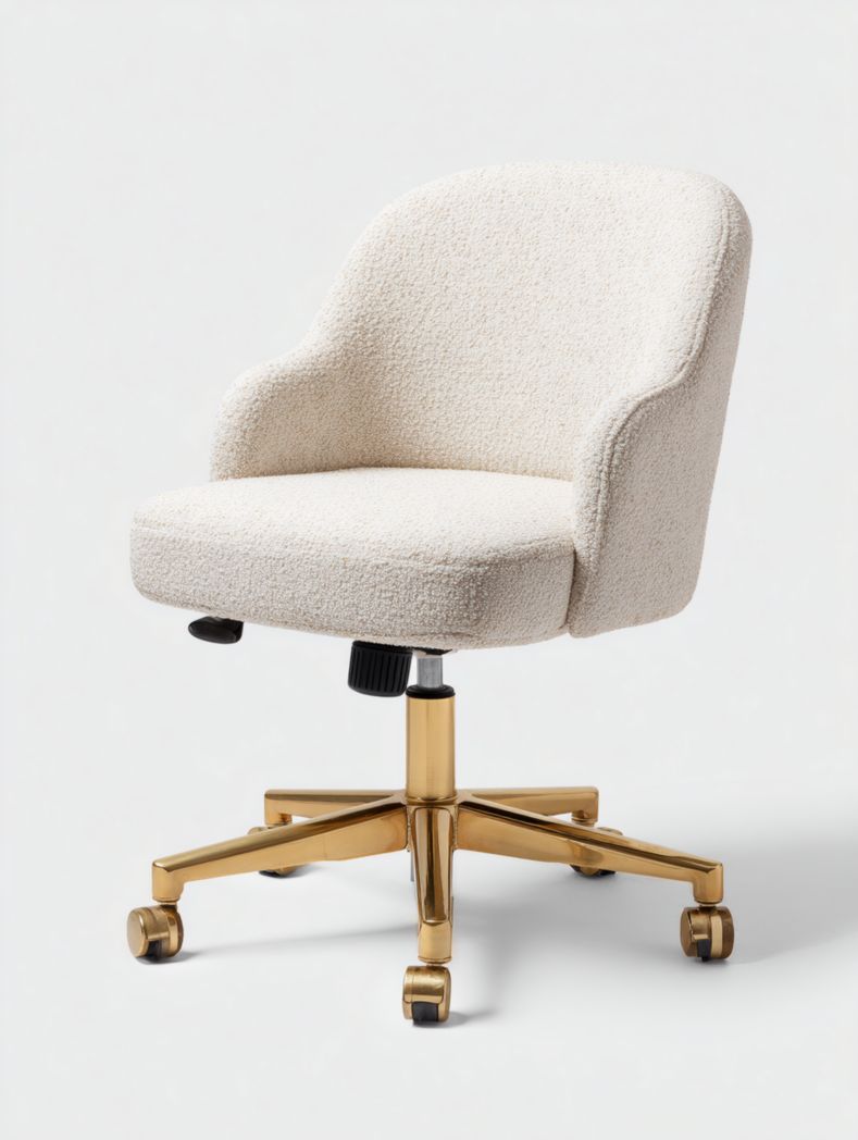 Chaise de bureau pivotante en tissu avec base dorée et roulettes - Blanc cassé