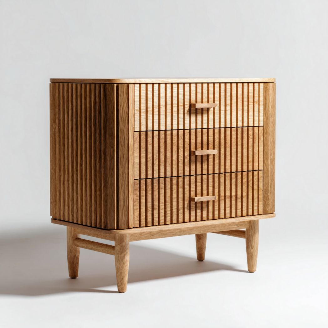 Commode à trois tiroirs en bois massif marron clair avec veinage vertical