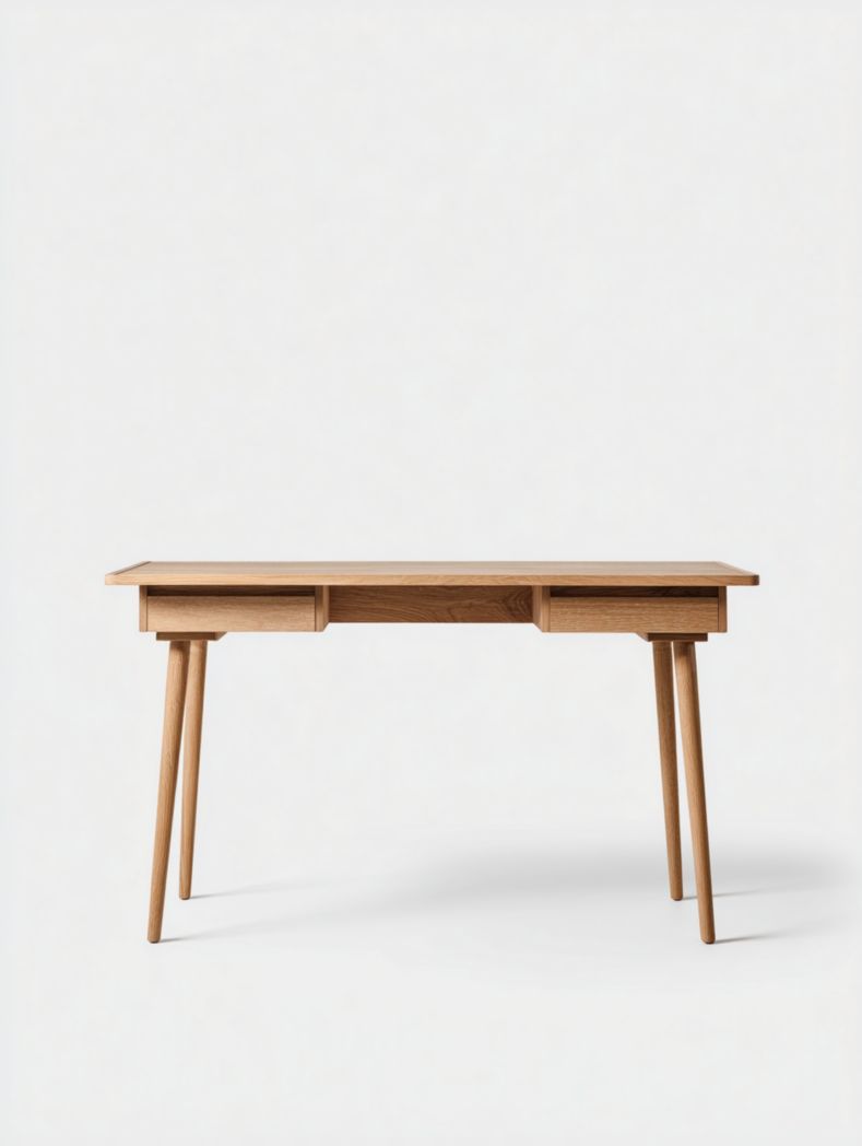 Table en bois massif avec deux tiroirs et poignées en bois