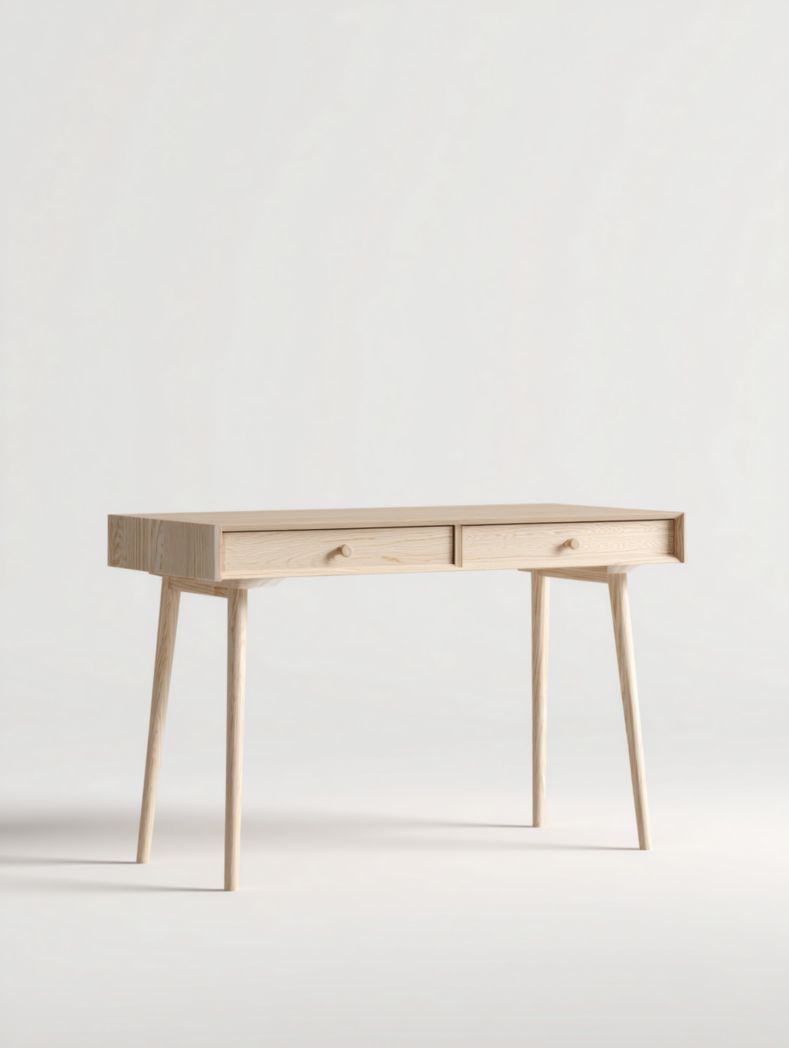 Bureau à deux tiroirs en bois massif, bureau marron clair