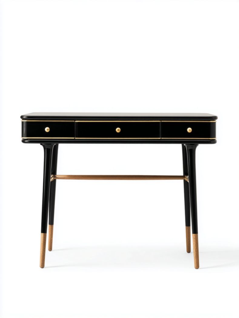 Bureau en bois massif noir avec trois tiroirs et finition dorée