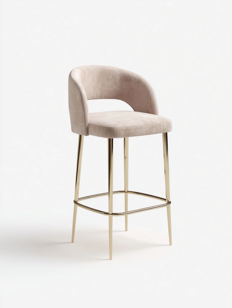 Tabouret de bar haut en tissu beige avec cadre doré