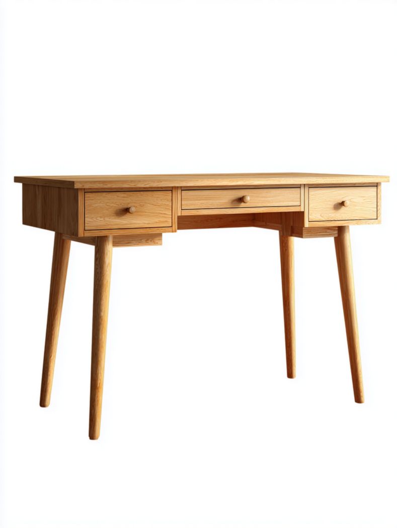 Bureau en bois massif avec trois tiroirs et poignées en bois