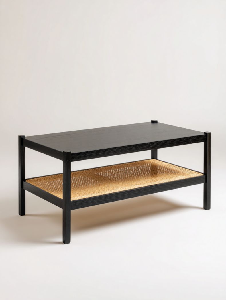 Table basse à deux niveaux en bois foncé avec base beige