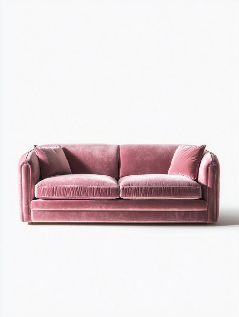 Canapé deux places en velours rose avec deux coussins