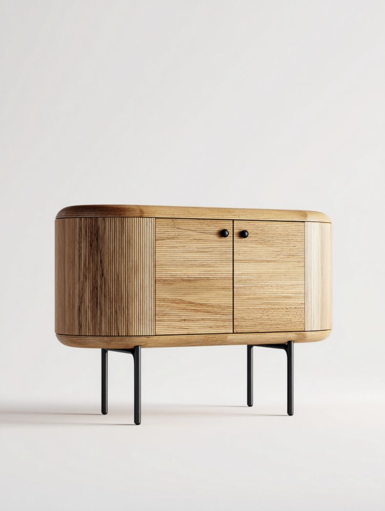 Buffet en bois massif marron clair avec deux portes et pieds et poignées en métal noir