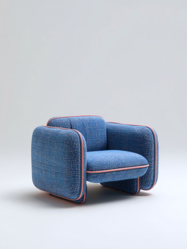 Grand fauteuil de salon bleu moderne avec revêtement rose