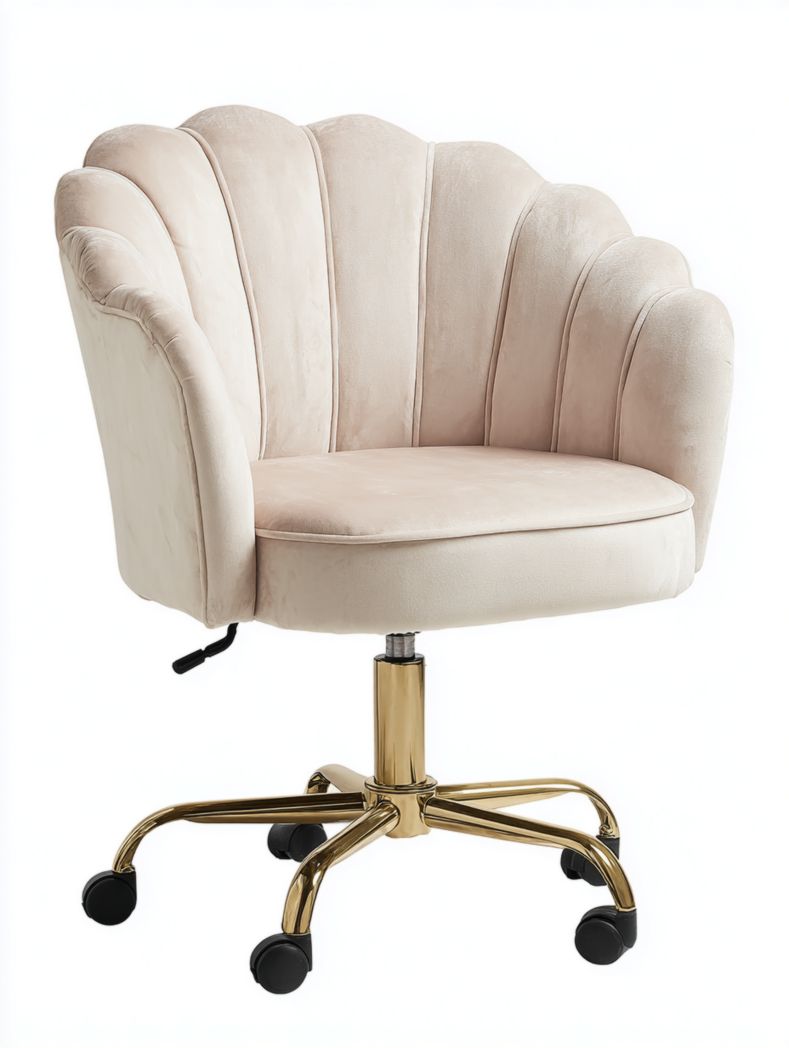 Chaise de bureau pivotante en velours Shell avec base dorée réglable et roulettes
