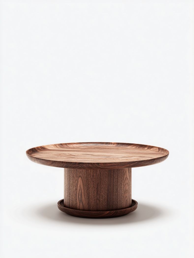 Table basse ronde en bois brun foncé avec une base centrale cylindrique