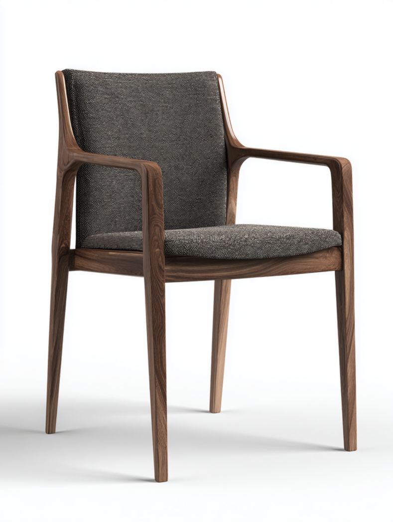 Chaise en bois massif avec accoudoirs et assise en tissu gris foncé