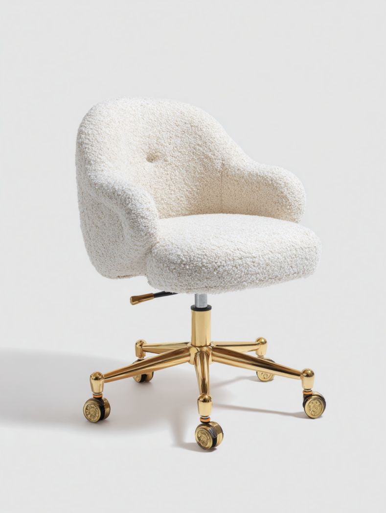 Chaise de bureau pivotante en tissu Boucle avec base dorée et roulettes - Blanc cassé