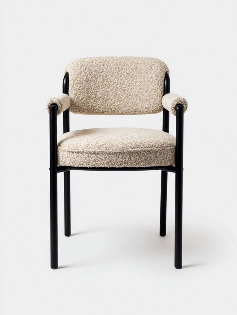 Chaise avec accoudoirs en tissu bouclé beige et structure en métal noir
