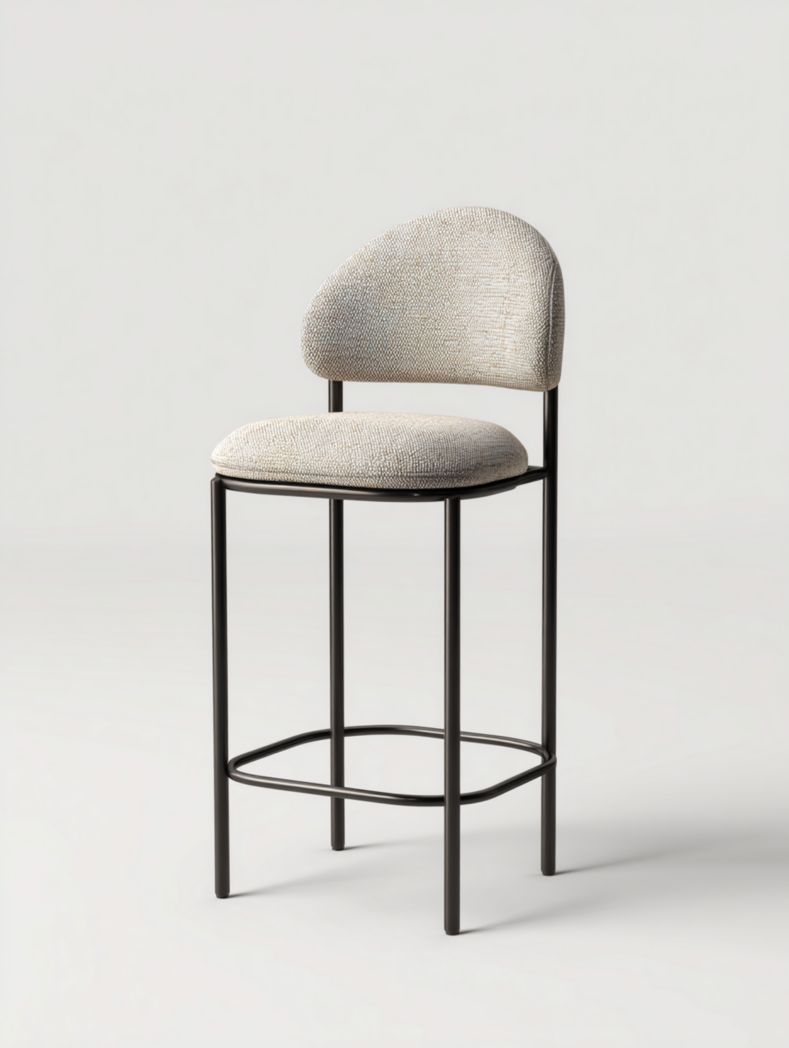 Tabouret de bar en tissu beige avec structure en métal noir