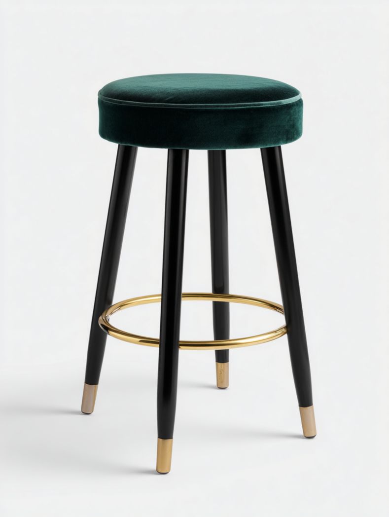 Tabouret de bar en velours vert avec cadre noir et repose-pieds doré