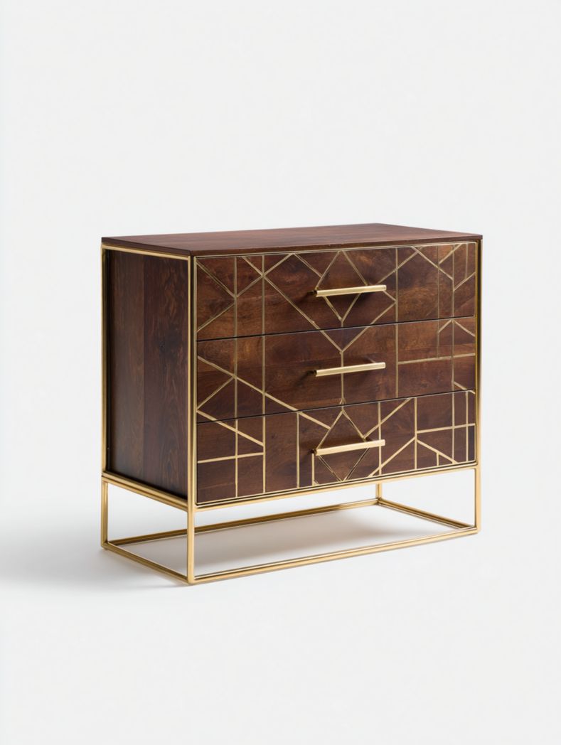 Commode géométrique en métal marron à trois tiroirs
