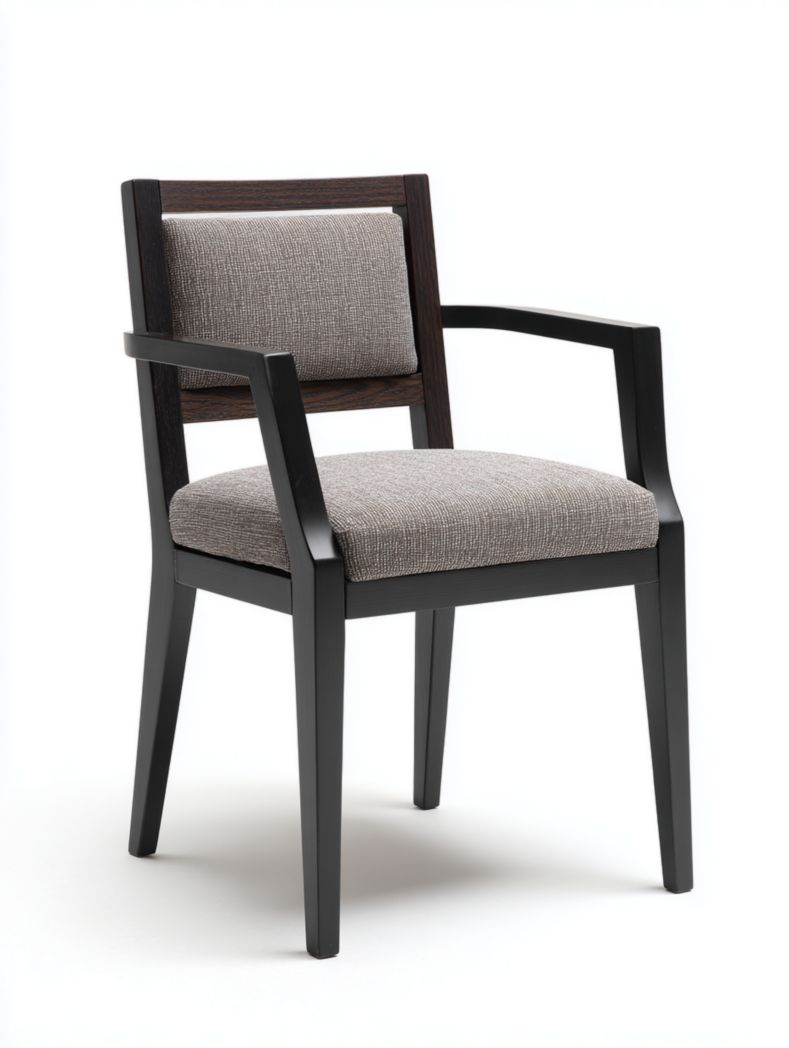 Fauteuil en bois massif noir avec assise en tissu gris-brun