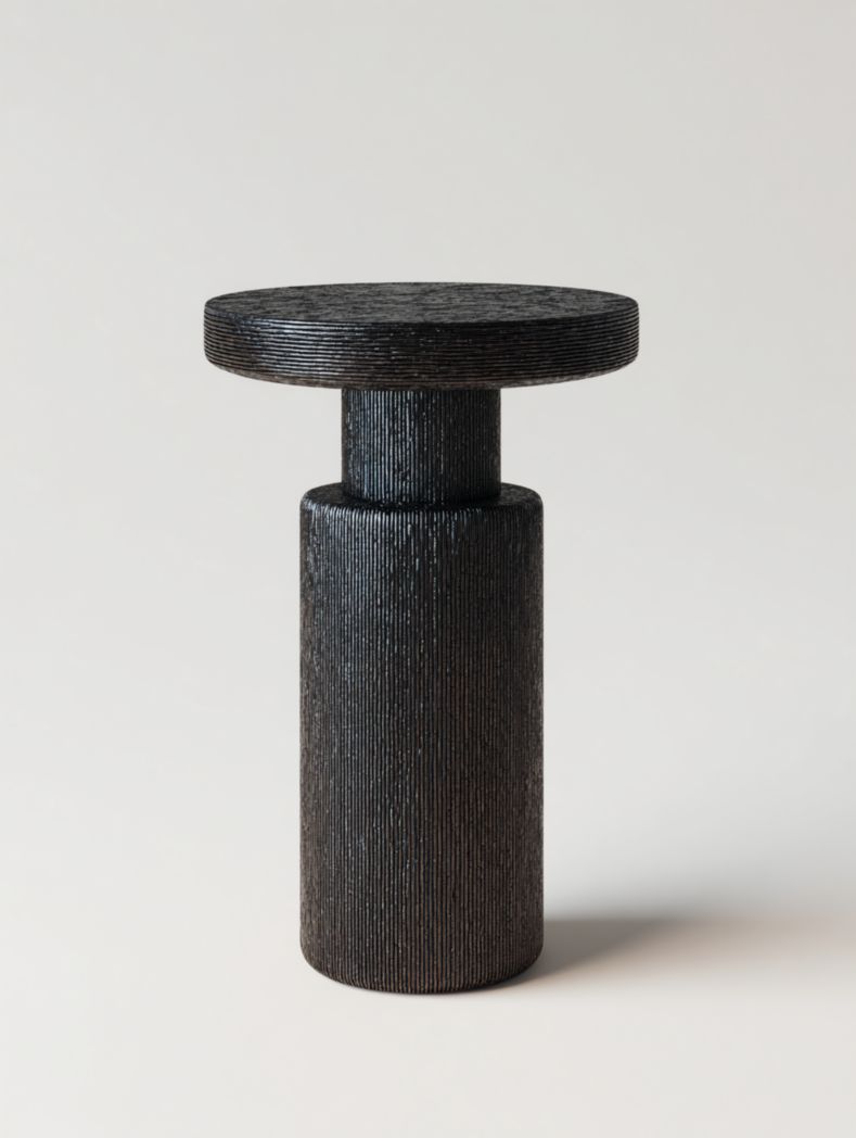 Table d'appoint ronde en bois avec texture noire