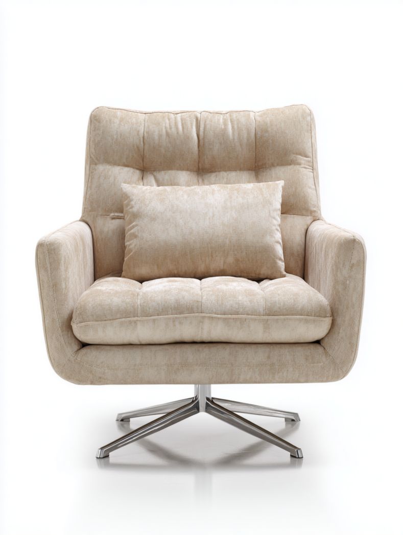 Chaise longue en tissu beige avec base pivotante en métal argenté et coussin d'assise rectangulaire