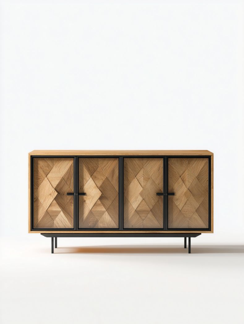 Buffet en bois massif avec quatre portes et cadre et poignées en métal noir