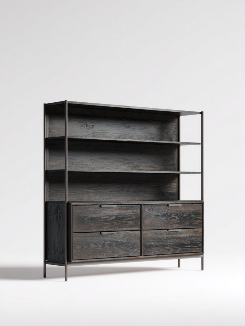 Buffet en bois noir et structure en métal avec étagères de rangement ouvertes et tiroirs