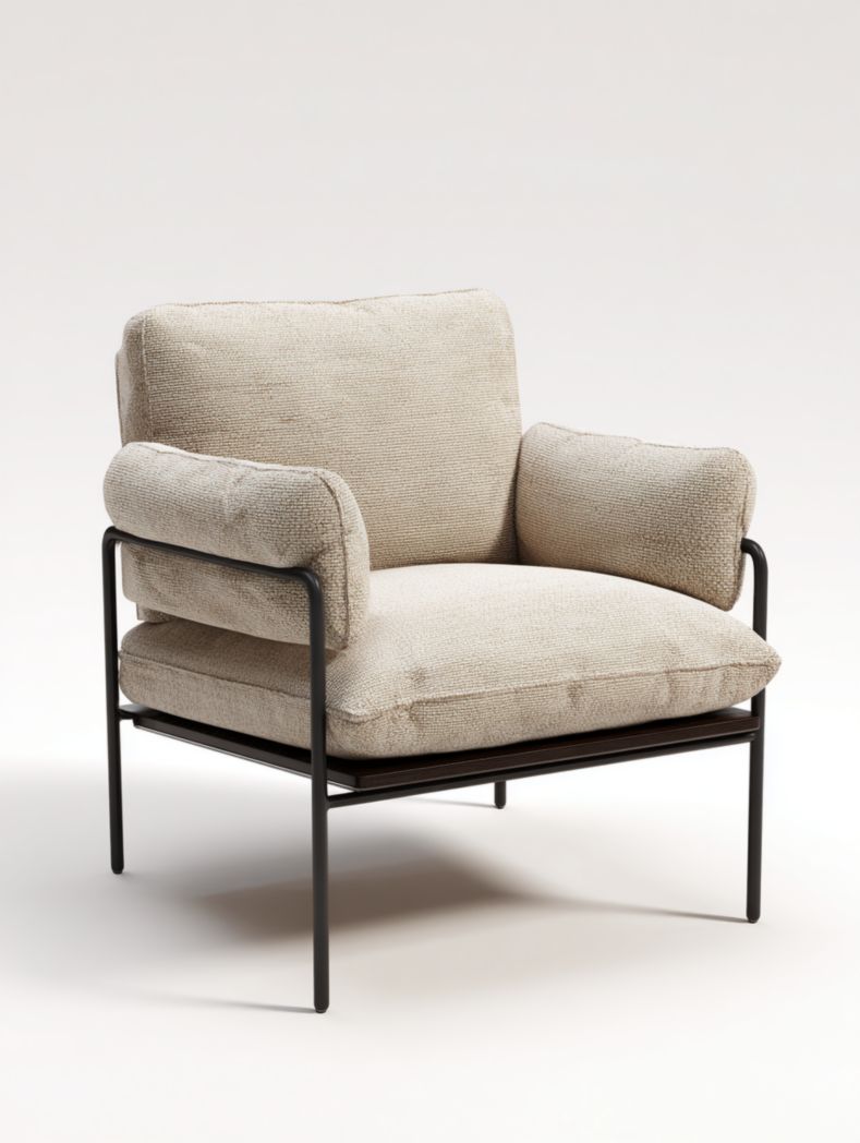 Grande chaise longue en tissu beige avec structure en métal noir