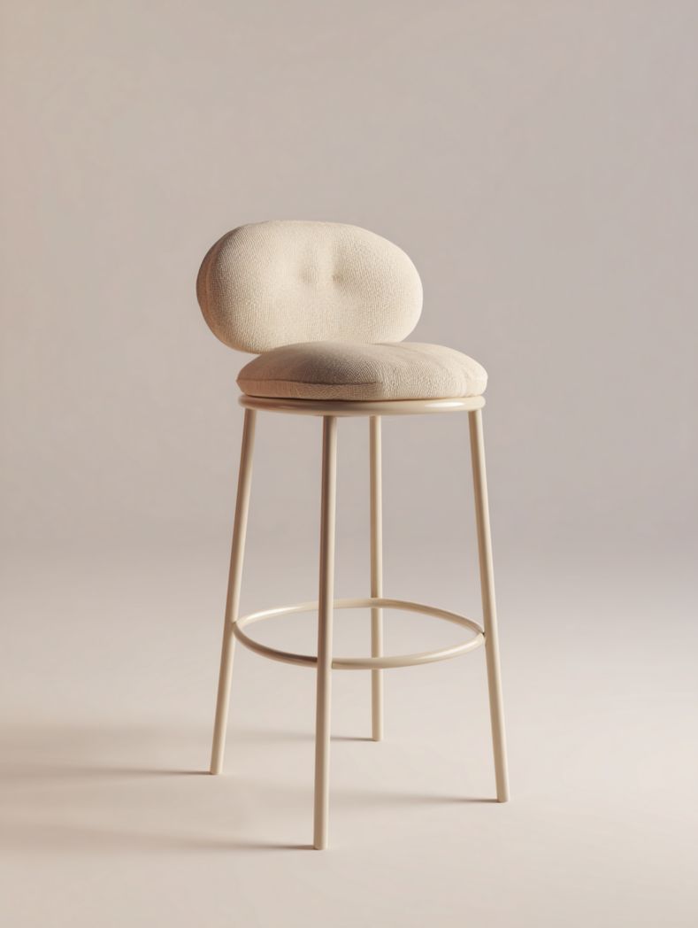 Tabouret de bar en tissu beige avec structure en métal crème