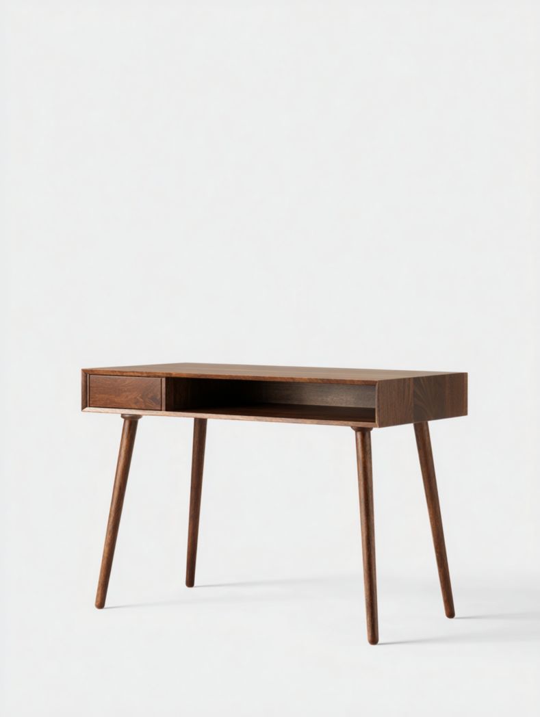 Bureau en bois massif avec un tiroir et compartiments ouverts