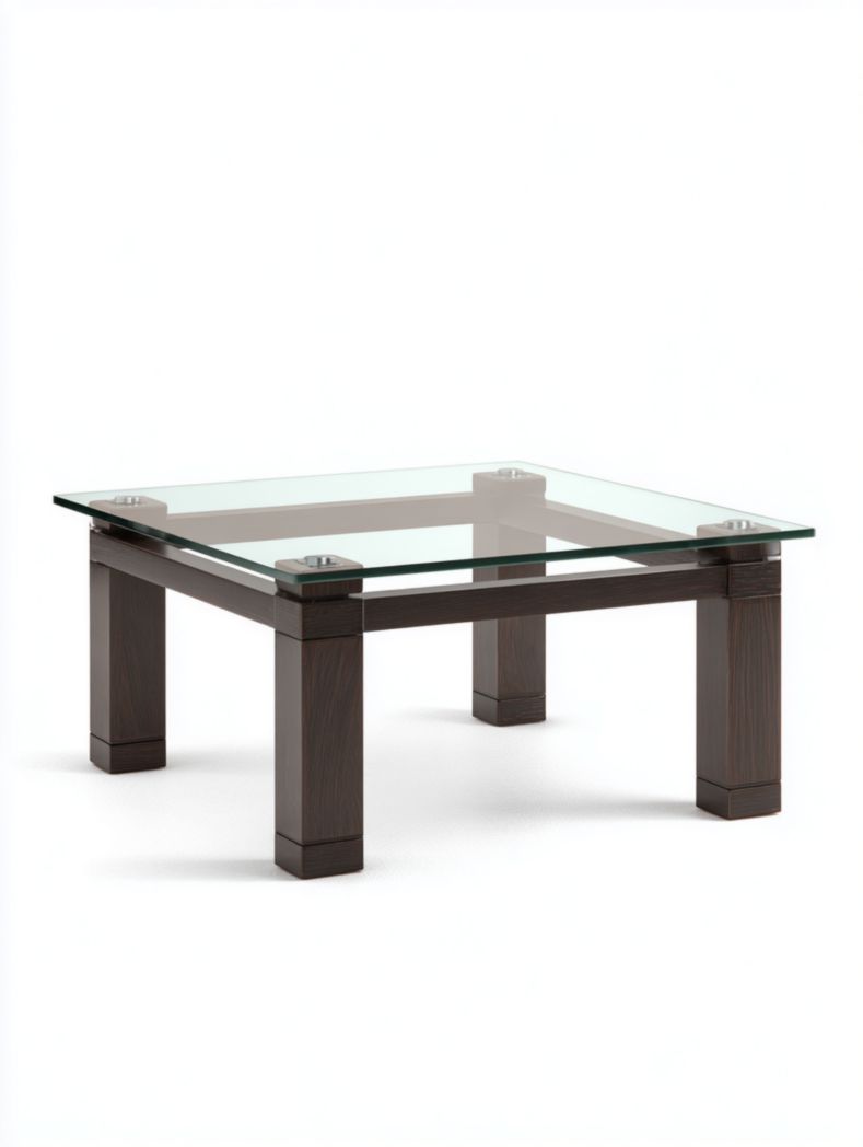 Table basse carrée en bois avec plateau en verre trempé, marron foncé