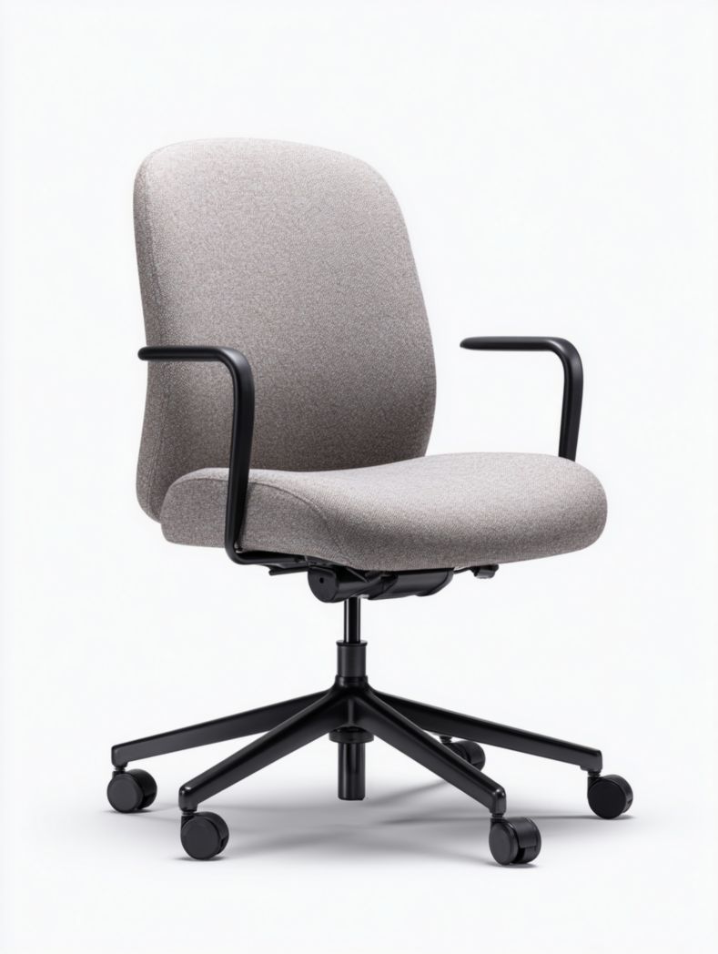 Chaise de bureau pivotante en tissu avec base et accoudoirs noirs - Gris