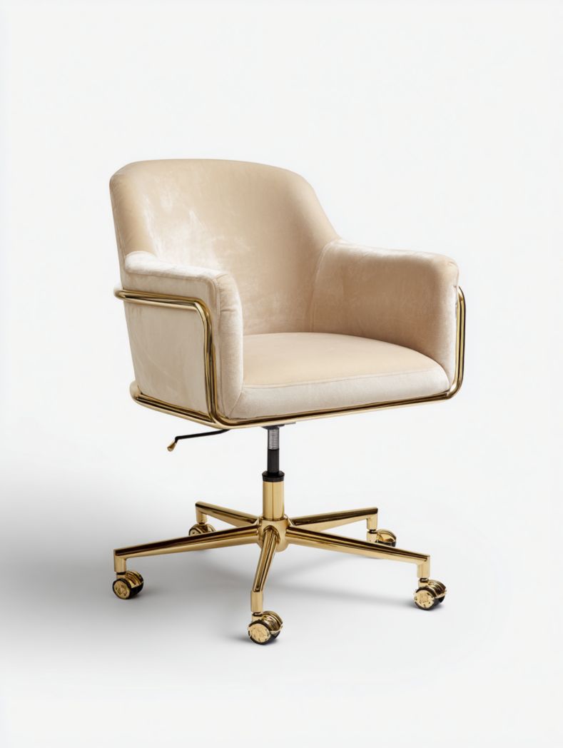 Chaise de bureau pivotante en velours avec base en métal doré et roulettes - Beige