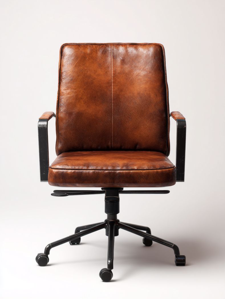 Chaise de bureau pivotante en similicuir avec base en métal noir et roulettes - Marron