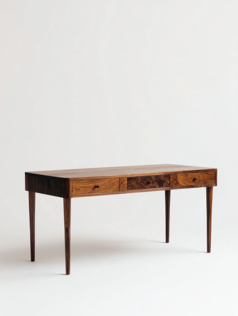 Bureau en bois massif avec trois tiroirs et poignées en métal