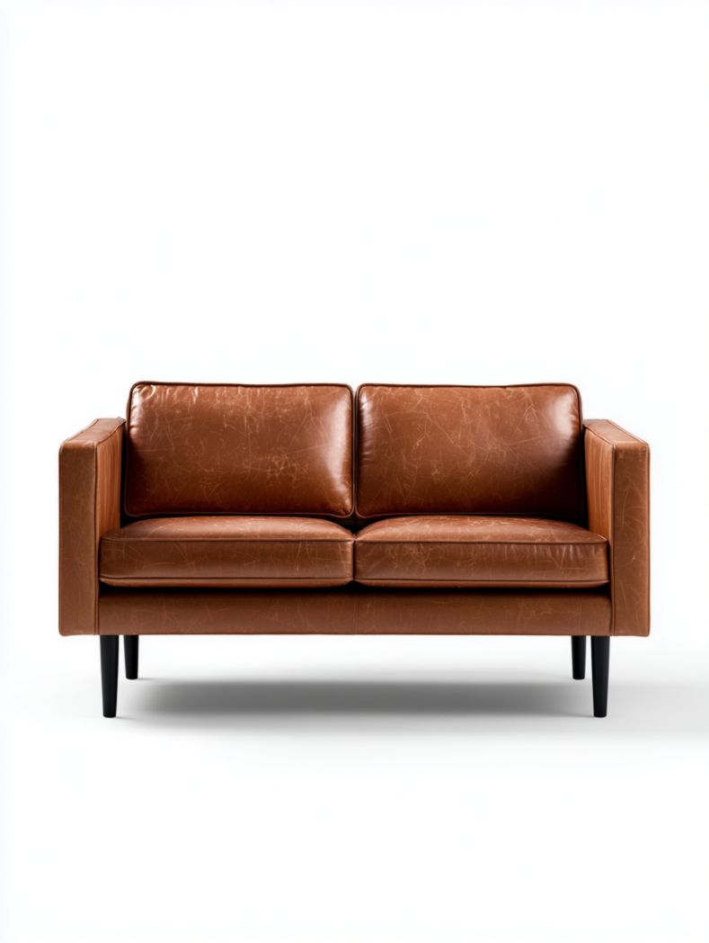 Canapé deux places en cuir marron avec pieds en bois noir