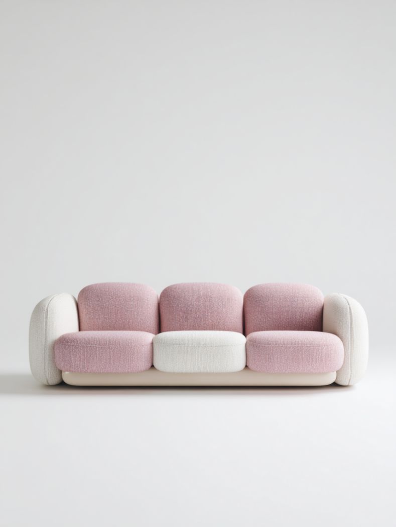 Canapé trois places en tissu bicolore rose et blanc